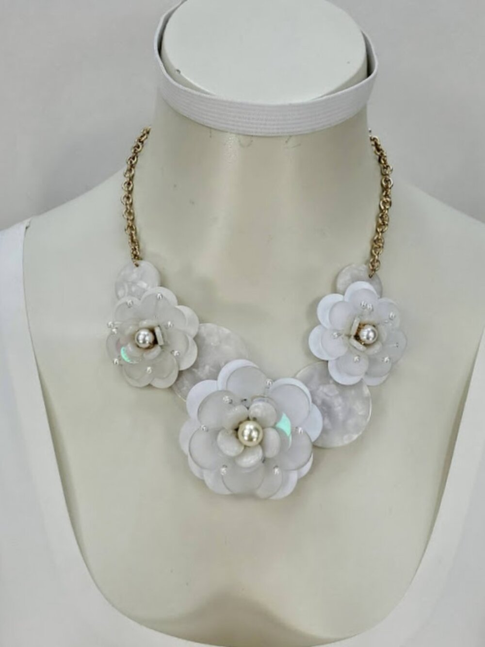 INC International Concepts White Floral Statement Necklace Gold-Tone